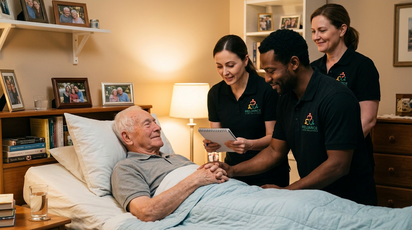 Awake overnight Reliance caregiver checking on a sleeping client