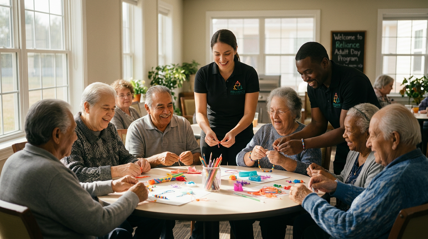 Reliance DSP leading an arts activity at an adult day program
