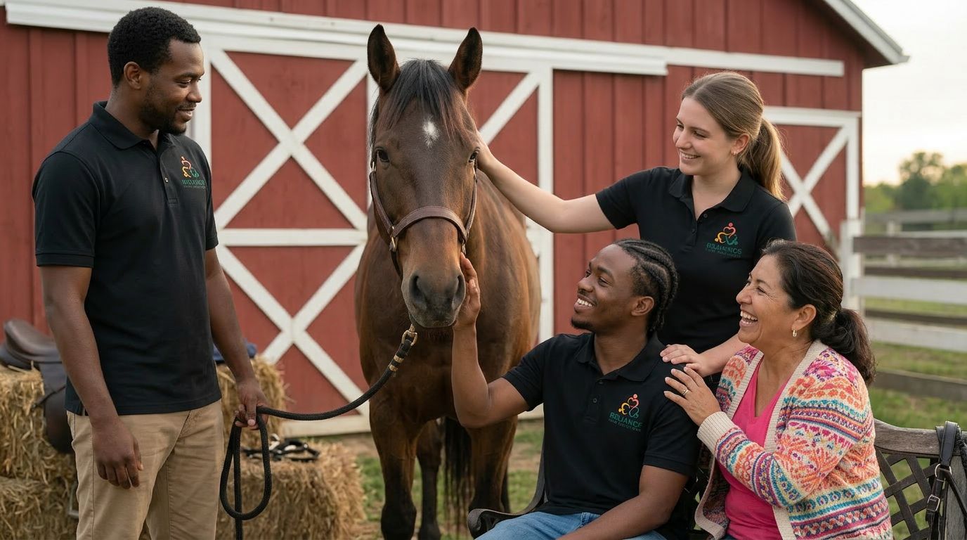 Reliance caregiver gently helping a young adult pet a horse outside a barn