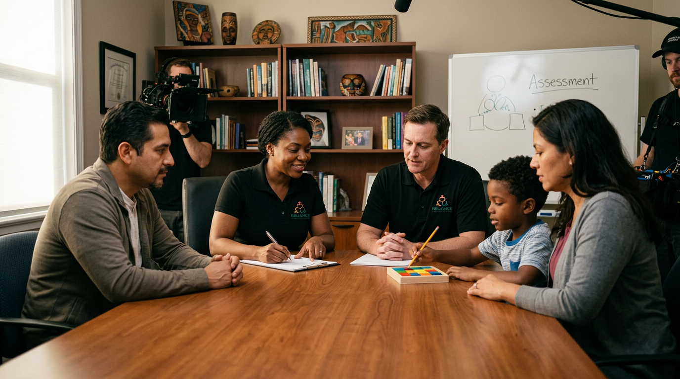 Reliance clinician taking assessment notes with a child and parent
