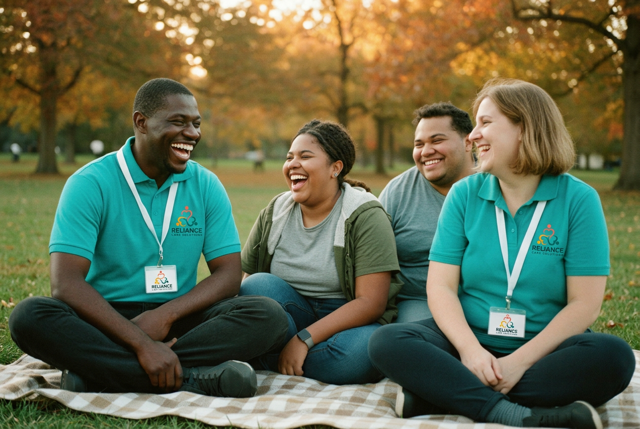 Young adults from a Reliance community day program laughing together outdoors