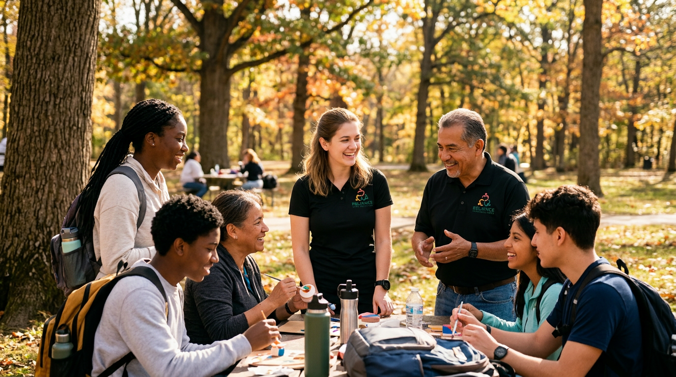 Reliance DSP walking with adults on an Ohio metropark trail in autumn
