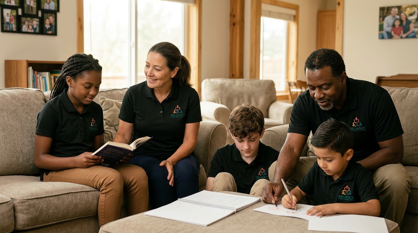 Two Reliance DSPs supporting a teen with homework inside a residential group home