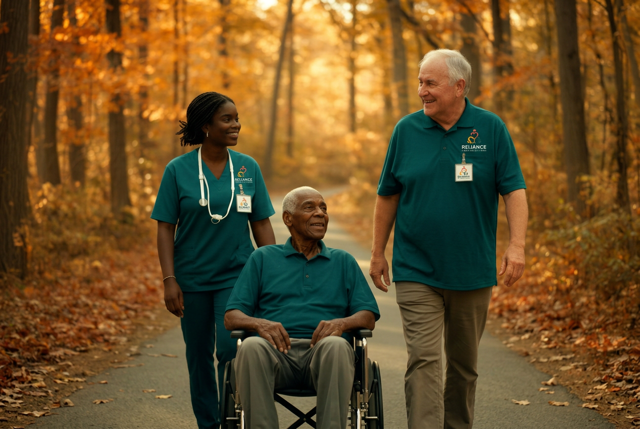 Reliance Care coordinator and caregiver walking with a senior client in a wheelchair along an autumn tree-lined path