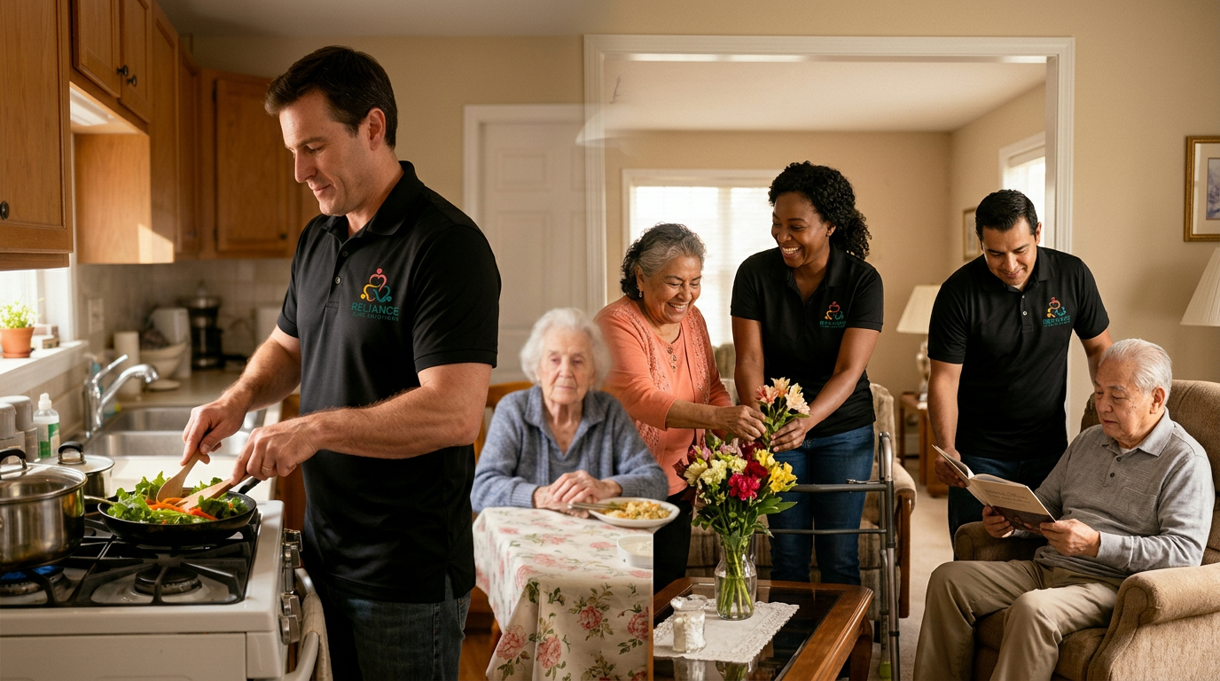 Reliance caregiver preparing a fresh meal in a client's kitchen