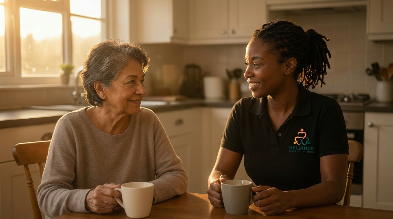Reliance live-in caregiver sharing morning coffee with an elderly client