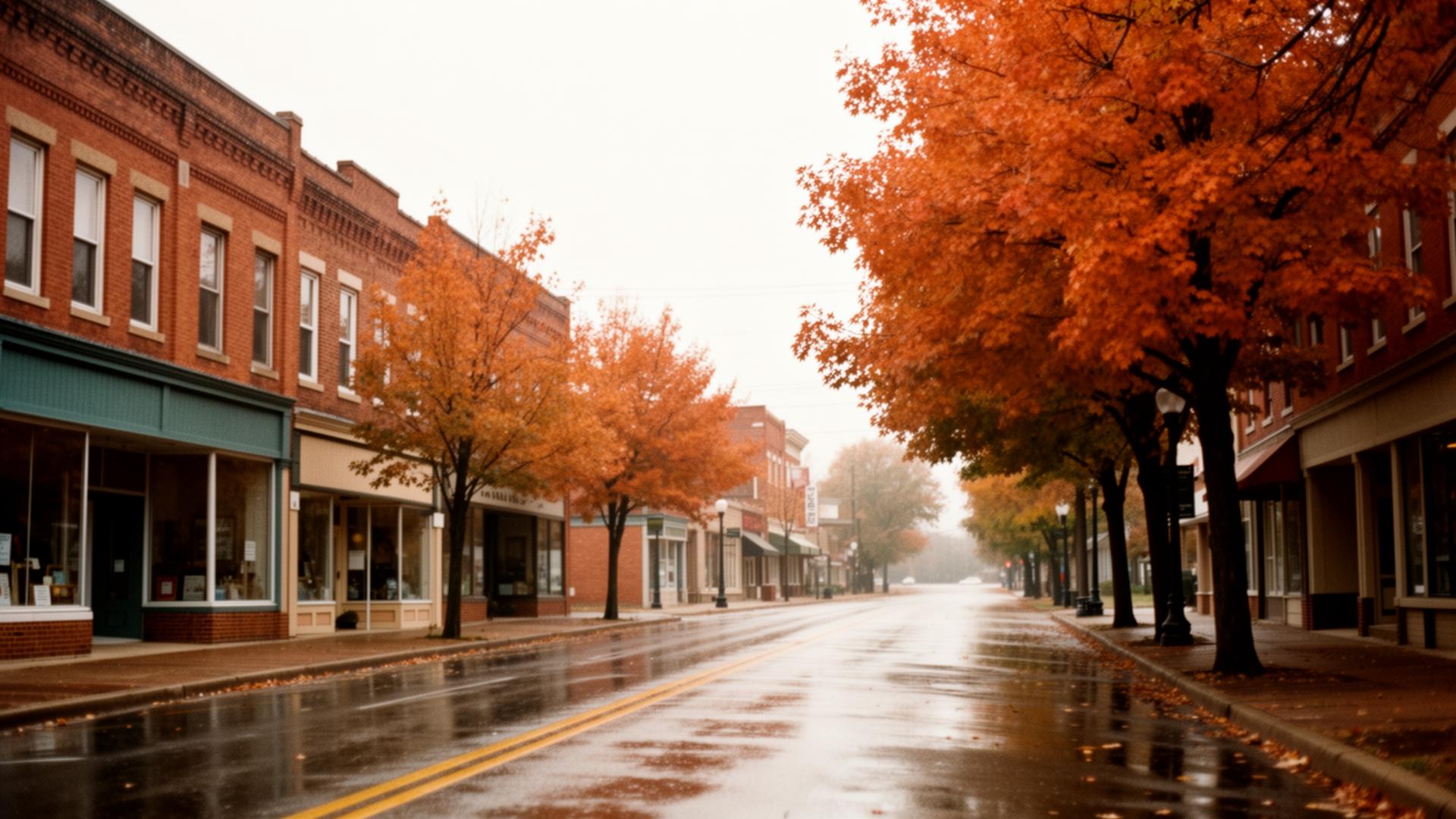 Historic brick storefronts along Conant Street in Maumee, Ohio in autumn after rain