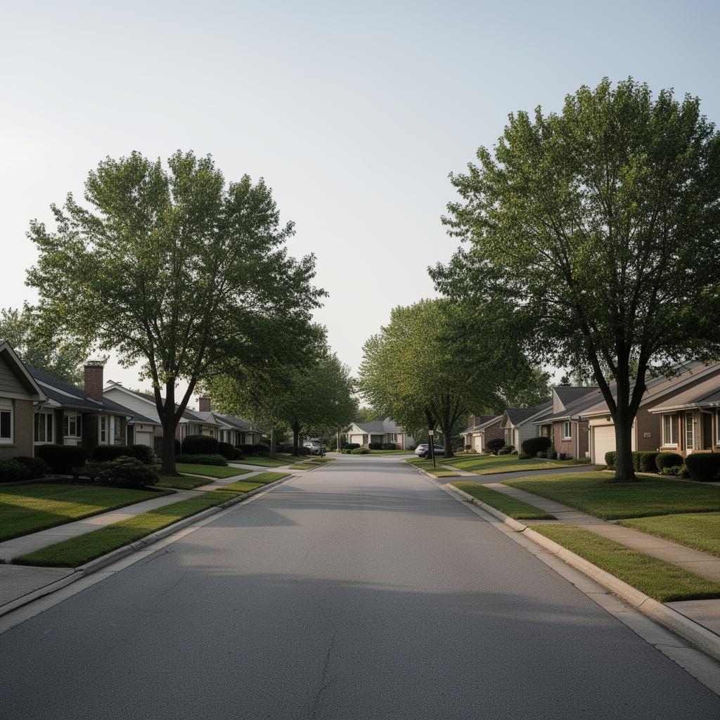 Quiet residential street with mature trees and ranch homes in Northwood, Ohio