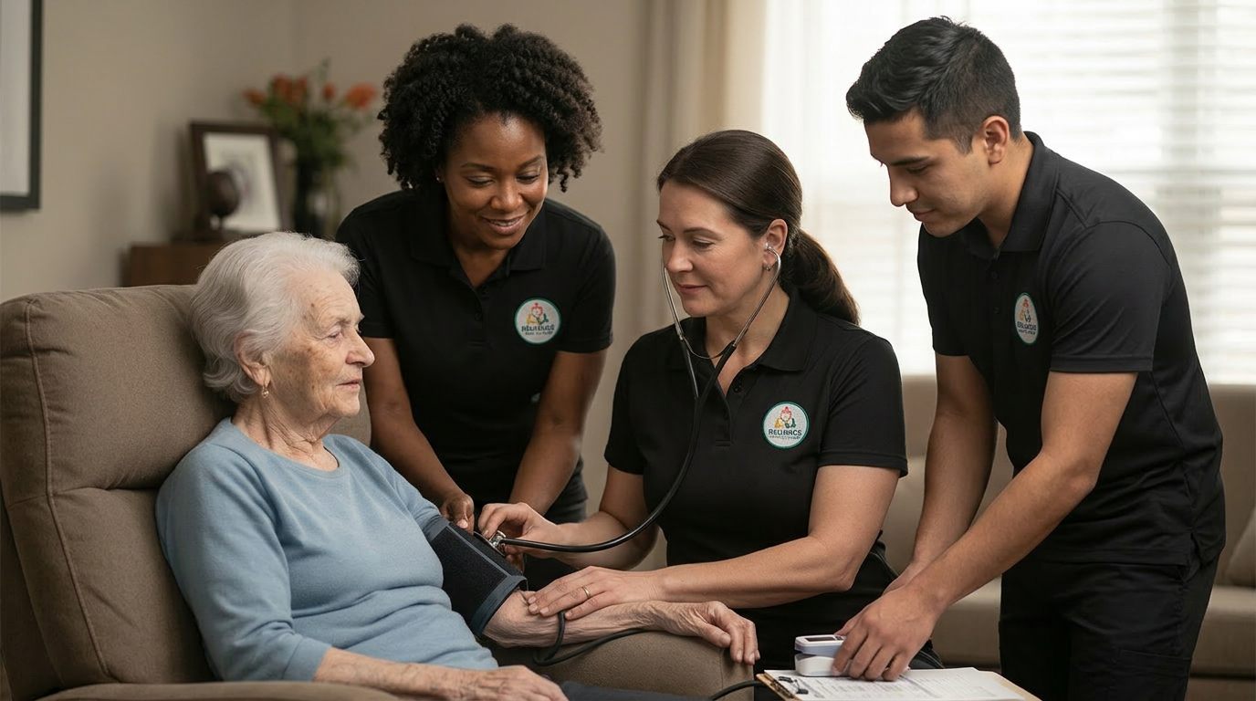 Reliance registered nurse taking blood pressure in a client's home