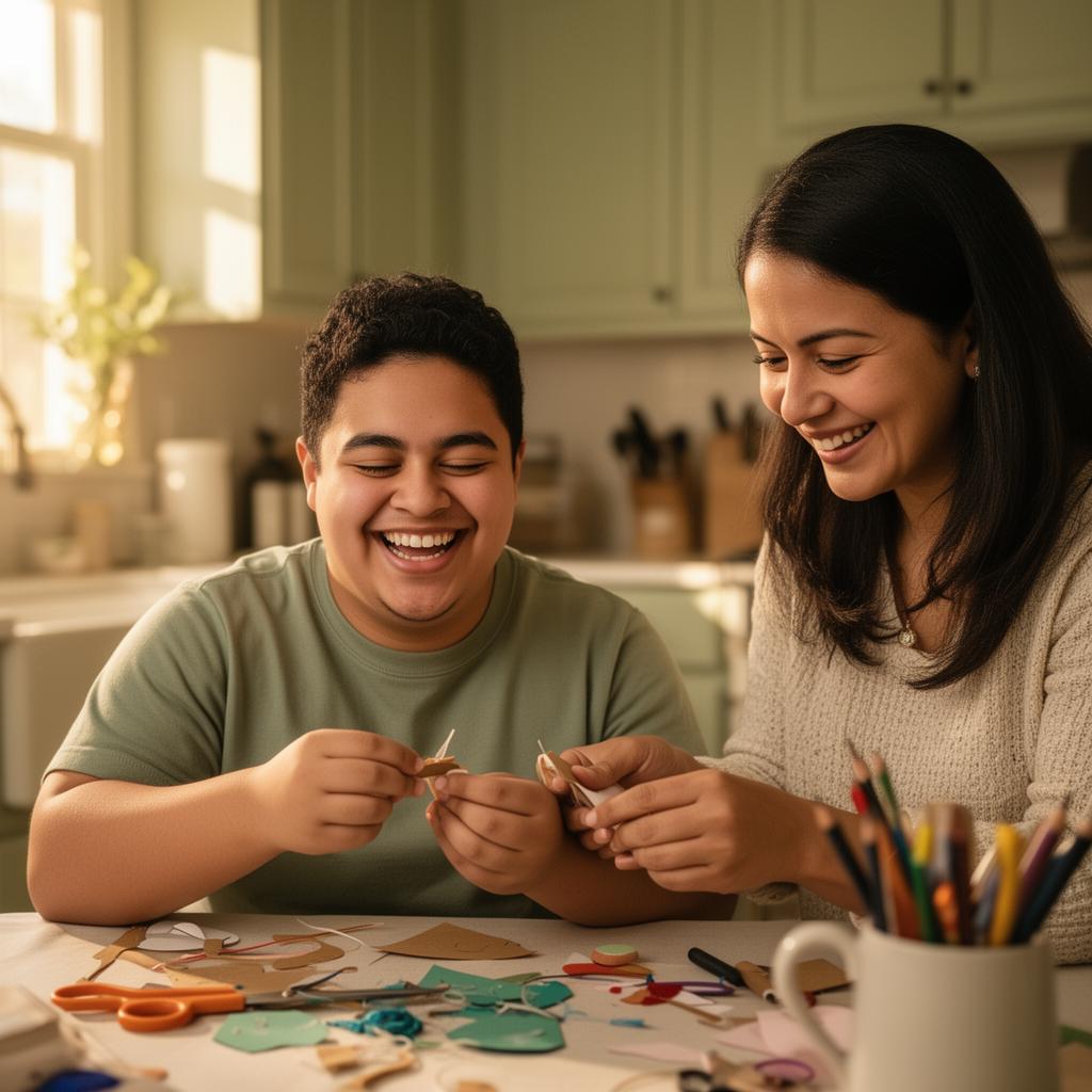 A young adult with a developmental disability laughing with his mother doing a craft project at home.
