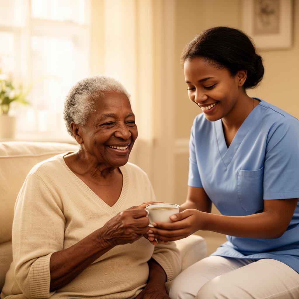 A senior Black woman smiling with her home caregiver in a sunlit Ohio living room.