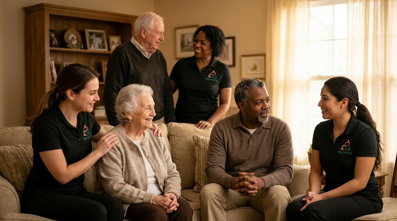 Reliance caregiver in branded black polo helping an elderly woman with her cardigan at home
