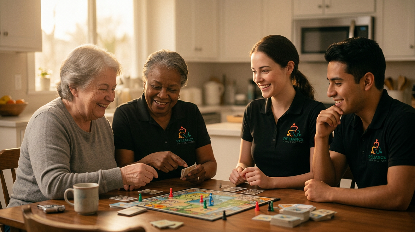 Reliance respite caregiver playing a board game with a client