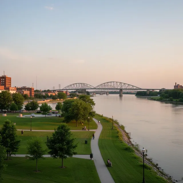 Rossford, Ohio riverfront park along the Maumee River with the Veterans Glass City Skyway in the distance