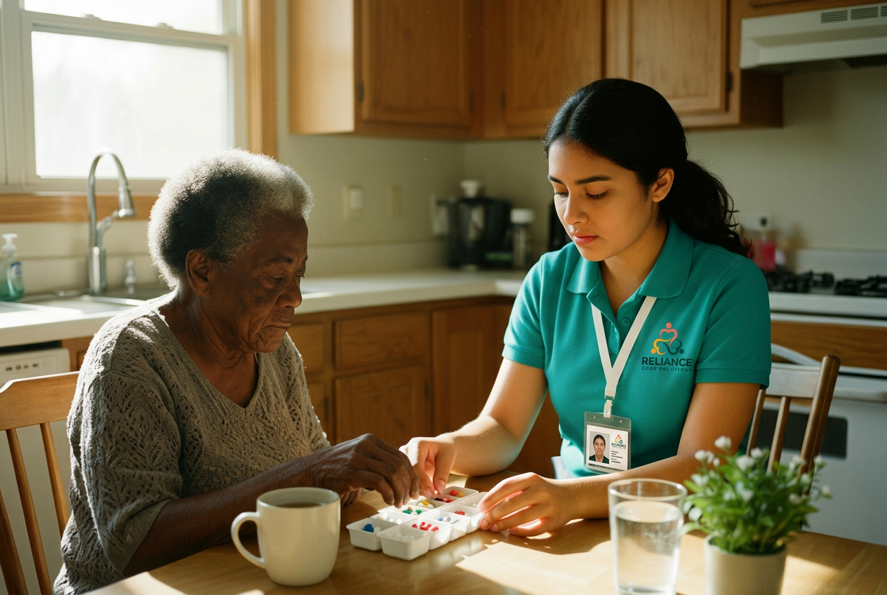 Caregiver in scrubs reviewing a client's medications during an in-home visit