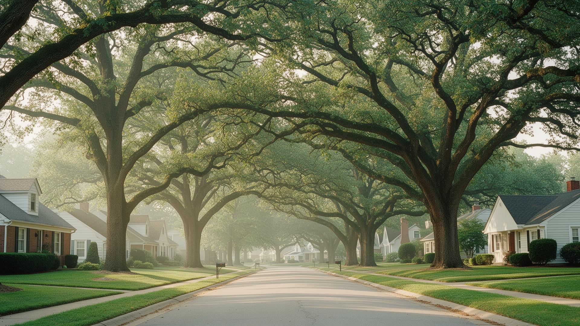 Tree-lined residential street in Sylvania, Ohio with mature oak canopy