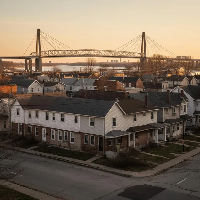 East Toledo neighborhood with the Anthony Wayne Bridge over the Maumee River, Toledo, Ohio