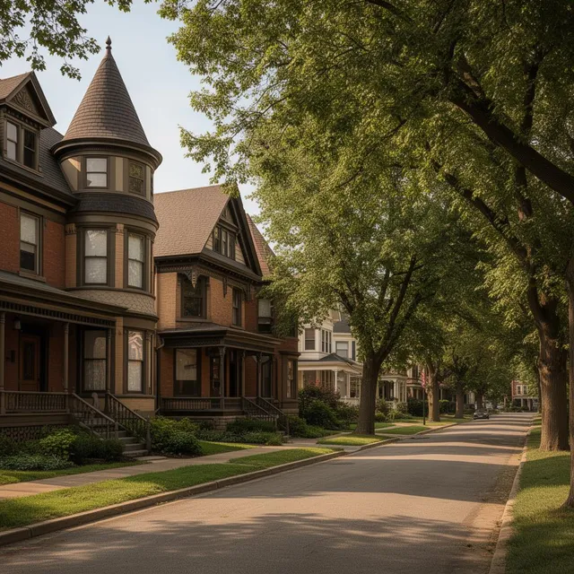 Historic Victorian homes lining a tree-shaded street in the Old West End neighborhood of Toledo, Ohio