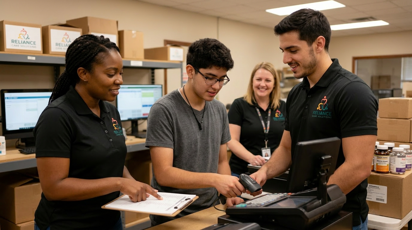 Reliance job coach supporting a young adult at a retail workplace