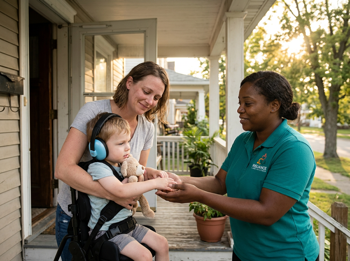 Reliance Care Solutions DSP greeting a mother and her child on the front porch for a respite handoff