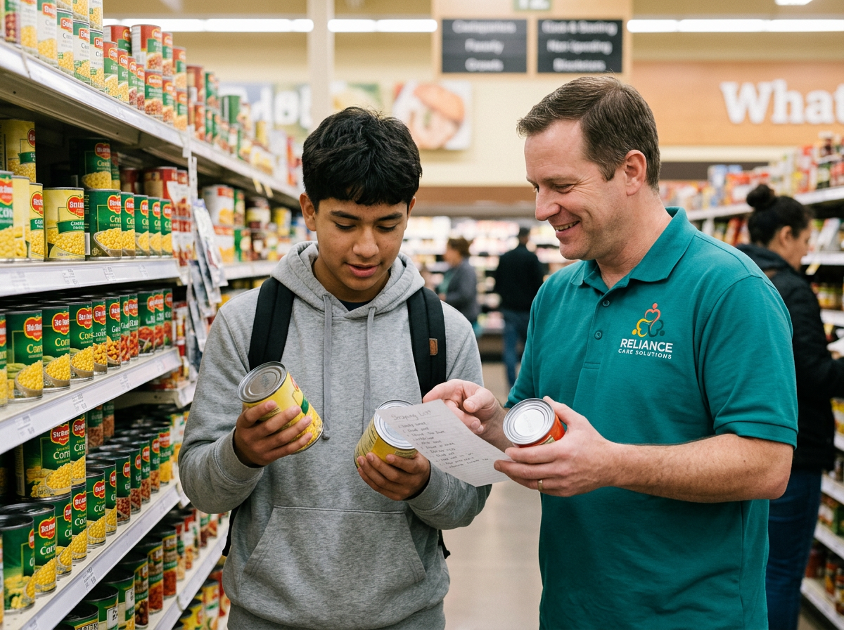 Reliance Care Solutions DSP coaching a teenager through a grocery store life-skills outing